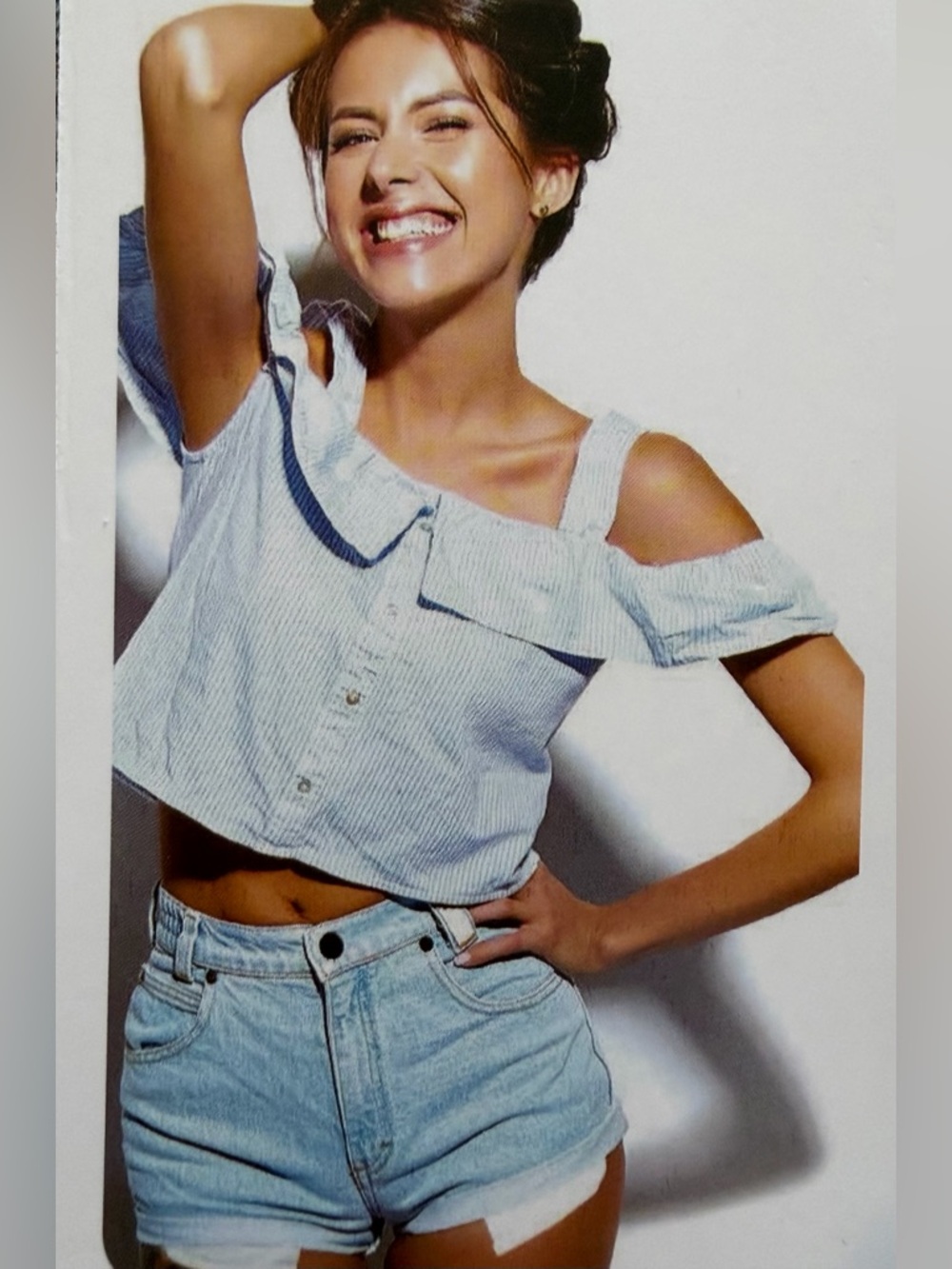 Rewash Light Blue Cold-Shoulder Striped Crop Top